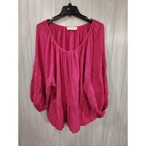 Women's Penelope Rose Eyelet Pink Cottage Peasant Top Size 2x Comfort Plus
